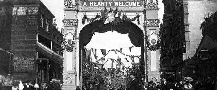 A decorated welcome arch erected in Preston for the 1902 Guild