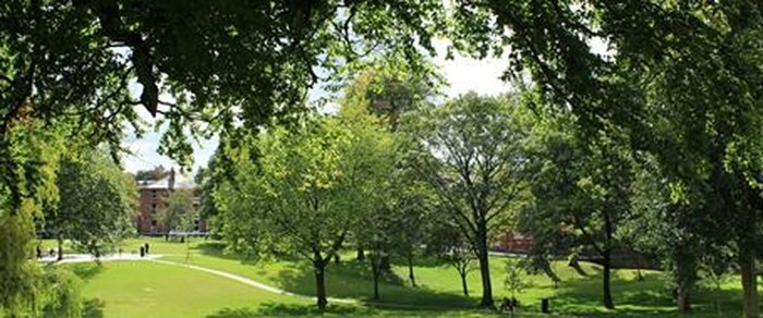 Mown parkland under mature trees with a path curving away, a brick building visible beyond the canopy