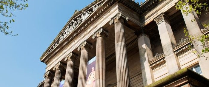 The columns of the Harris Museum in Preston seen from below