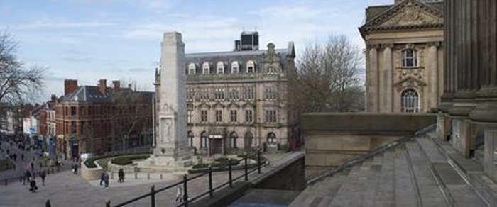 The cenotaph and civic buildings on the Flag Market in Preston