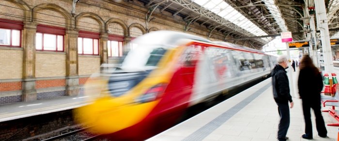 A main line express train passing at speed