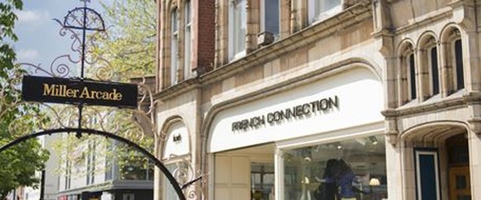 The wrought-iron entrance canopy of Miller Arcade in Preston