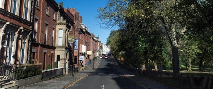 A Victorian street of brick and stone units running downhill, parkland trees along the far side and shop signs on the near one