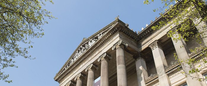 The Greek revival portico and steps of the Harris Museum and Art Gallery in Preston