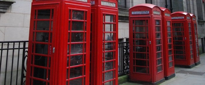 A row of red telephone boxes